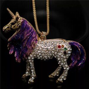 Betsey Johnson large purple rhinestone enamel unicorn pendant necklace